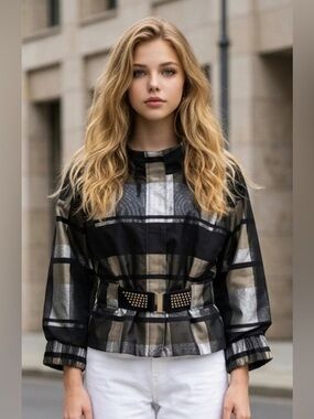 Puli Black and Metallic Plaid Bomber Jacket with Studded Belt